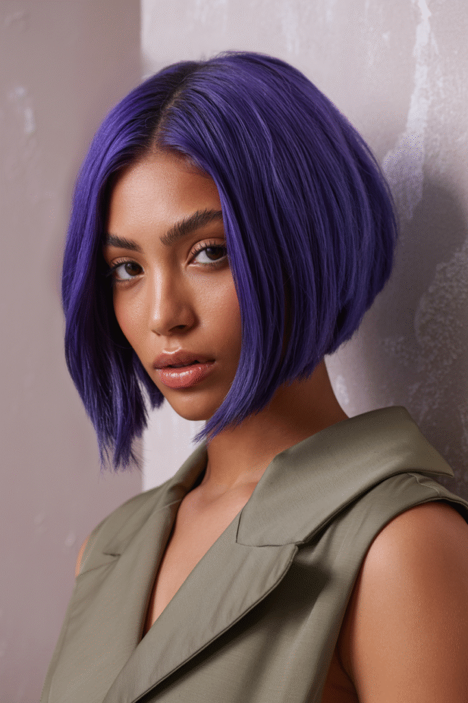 22 Flattering Hair Color Ideas for Brown Skin 17 Sleek Purple Asymmetrical BobSleek Purple Asymmetrical Bob