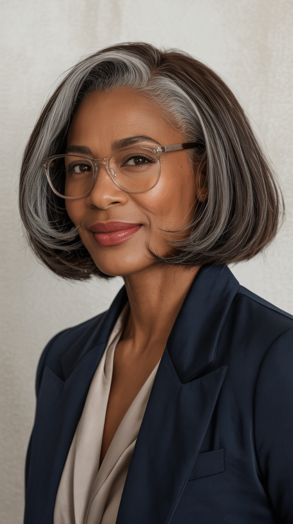 20 Older Black Women Hairstyles for Over 50 3 Sleek Side Parted Bob with Glasses 2