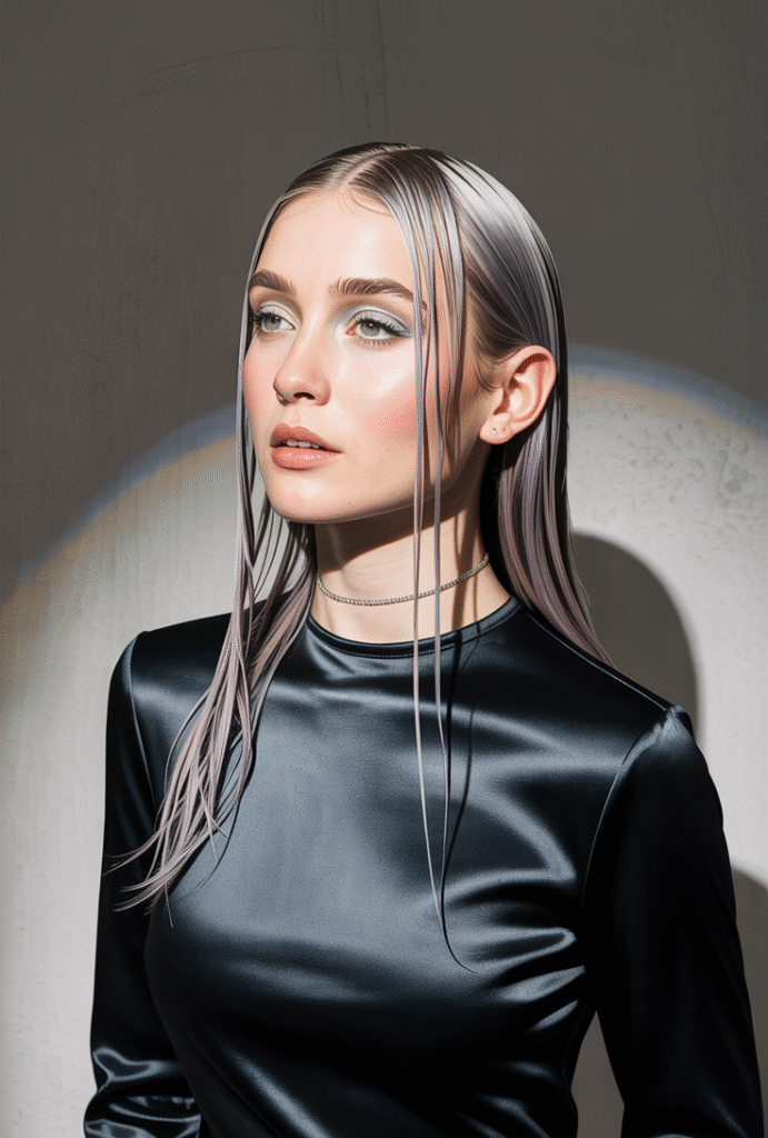 24 Gorgeous Straight Hairstyles 17 Sleek Silver Wet Look with Face Framing Pieces