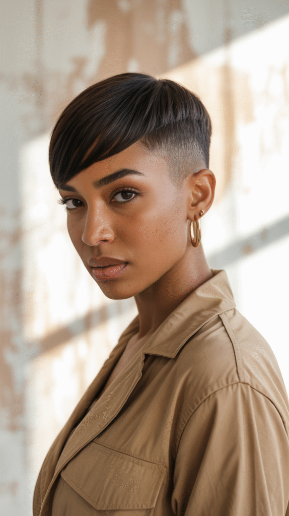 15 Trendy Pixie Hairstyles for Black Women 2 Sleek Tapered Pixie with Long Side Bangs 2