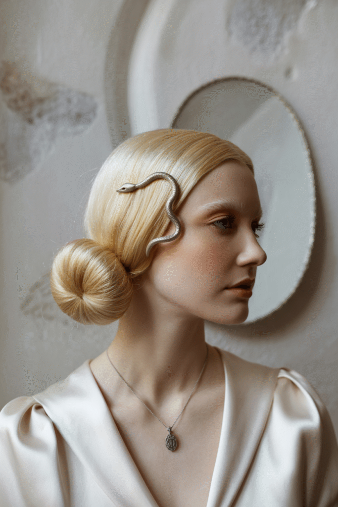 17 Medusa Hair Ideas 16 Soft Blonde Low Bun with Silver Serpent