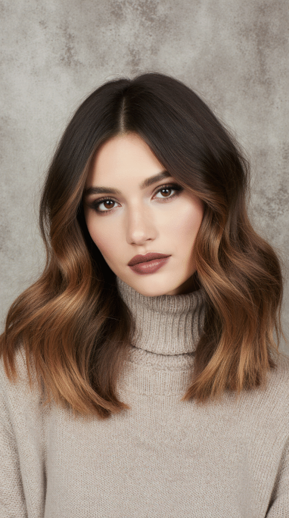 24 Winter Balayage Ideas for Brunettes 16 Soft Chocolate Balayage for Medium Length Waves