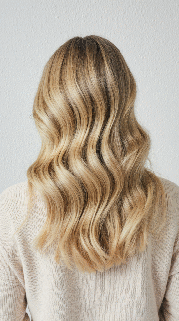 Soft Golden Blonde Balayage on Loose Waves