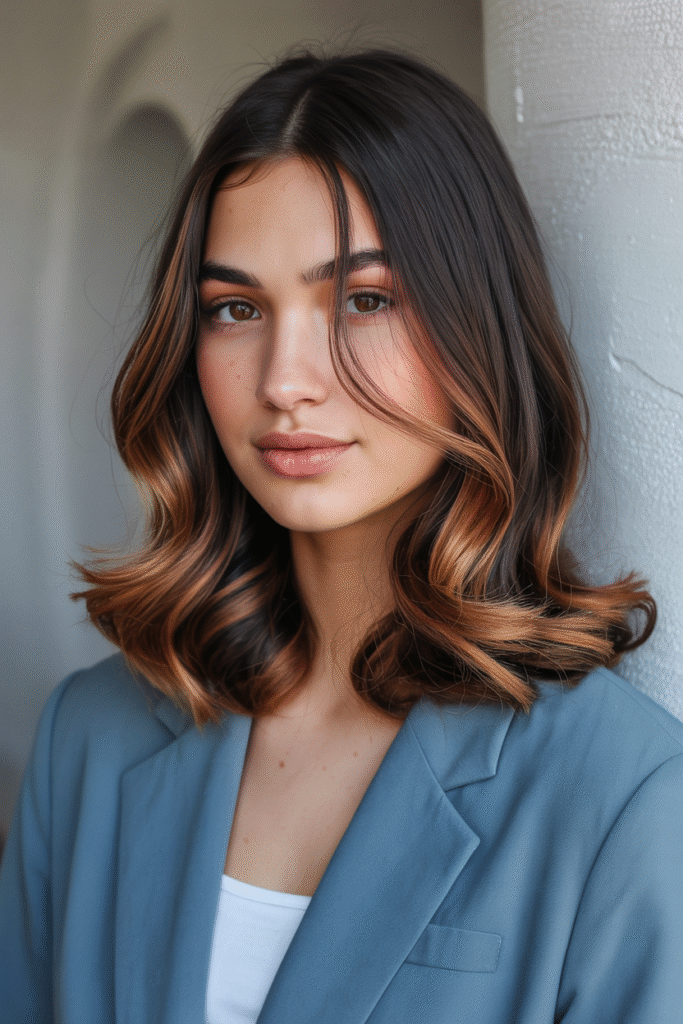 27 Inspiring Black Hair with Brown Highlights Ideas 11 Soft Waves with Copper Brown Balayage