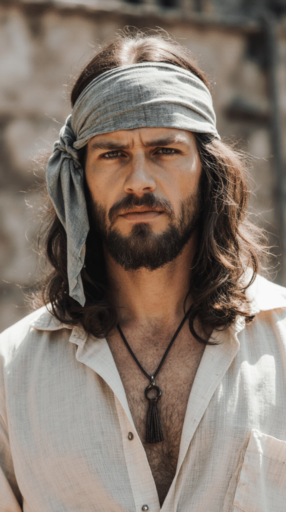 22 Pirate Hairstyles for Men 22 Soft Waves with Middle Part and Bandana