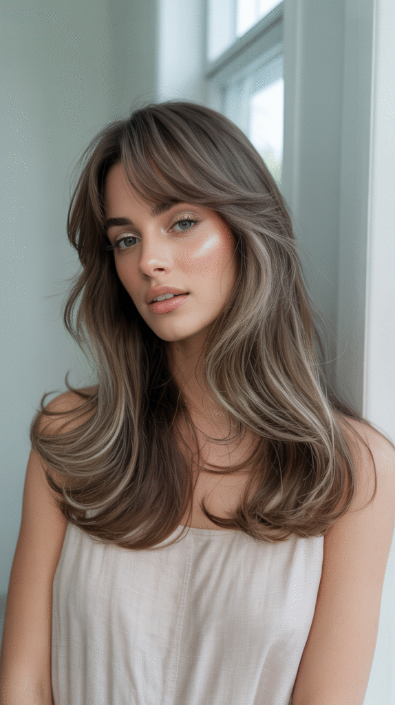20 Chic Brown Hair with Silver Highlights Ideas 19 Soft Waves with Silver Highlights and Bangs