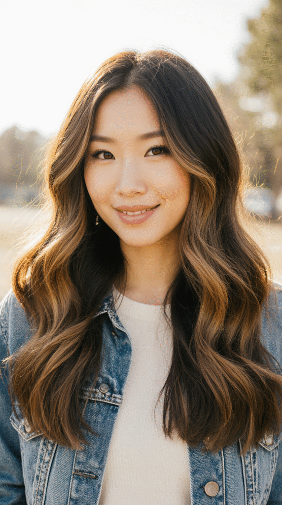 27 Inspiring Black Hair with Brown Highlights Ideas 2 Soft Wavy Black Hair with Warm Brown Highlights