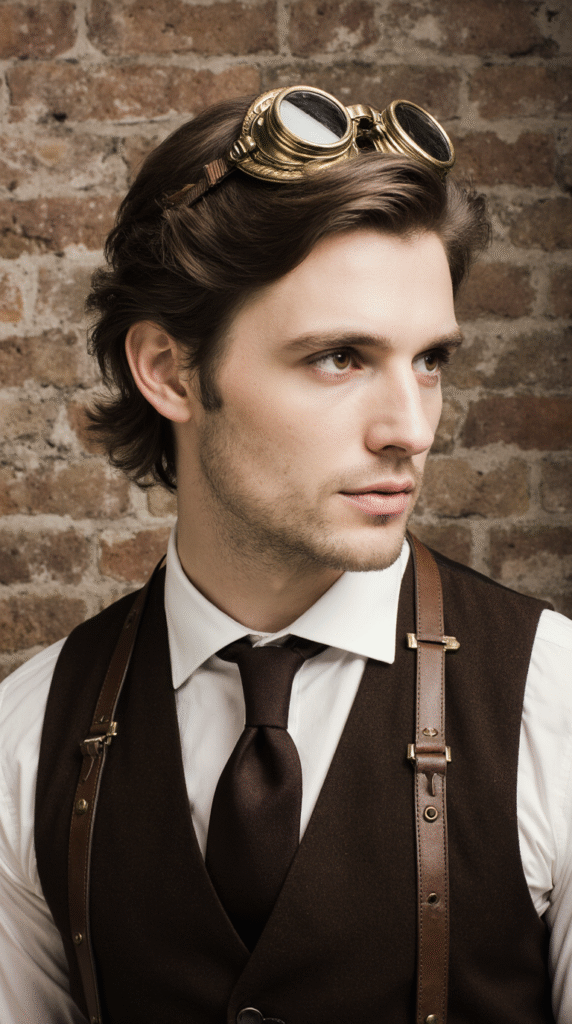 19 Halloween Hairstyles for Men 13 Steampunk Gentleman Tousled Sleek Waves with Goggles Accessory
