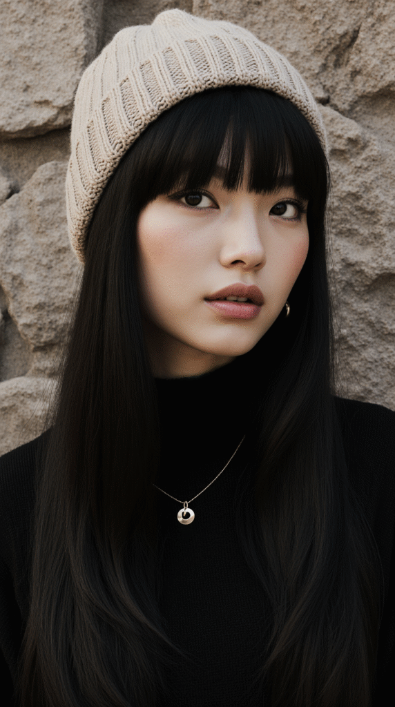 25 Mastering Beanie Hairstyles 15 Straight Hair with Blunt Bangs and a Beanie