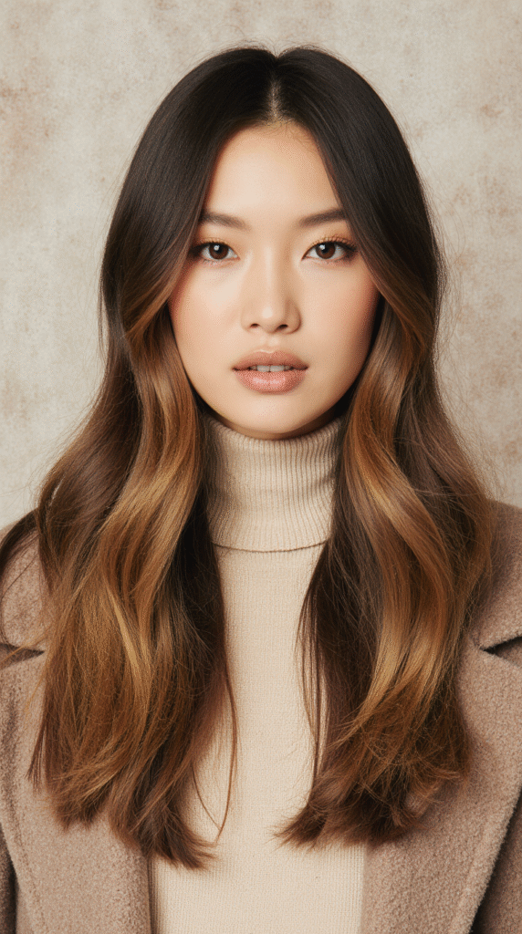 17 Dark Caramel Balayage Ideas: 4 Subtle Dark Caramel Balayage on Long Hair with Glossy Finish