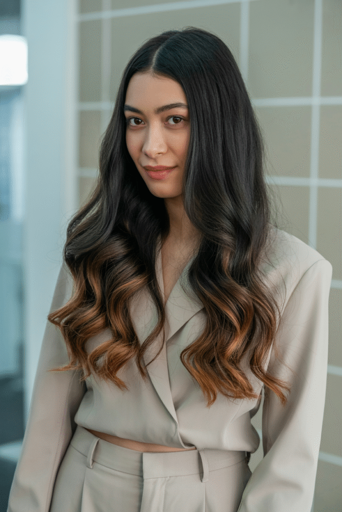 27 Inspiring Black Hair with Brown Highlights Ideas 12 Subtle Waves with Chestnut Brown Highlights