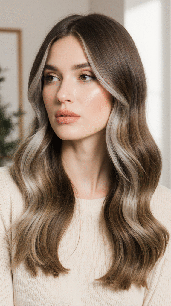 20 Chic Brown Hair with Silver Highlights Ideas 12 Textured Brown Hair with Face Framing Silver Highlights