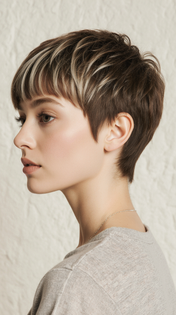 20 Chic Brown Hair with Silver Highlights Ideas 4 Textured Brown Pixie with Silver Highlights