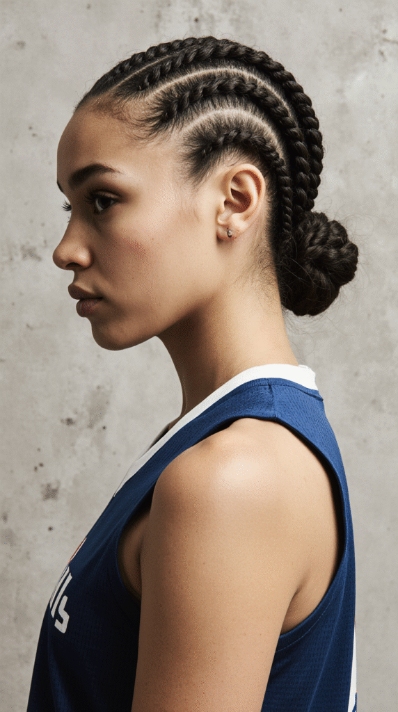 30 Top Basketball Hairstyles 21 Textured Low Bun with Crown Braids