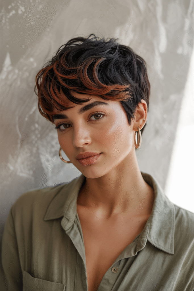 27 Inspiring Black Hair with Brown Highlights Ideas 7 Textured Pixie Cut with Subtle Auburn Highlights