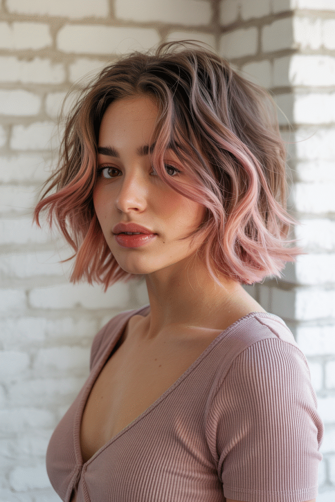 16 Pretty Pink Highlights in Brown Hair 14 Textured Tousled Bob with Pink Balayage