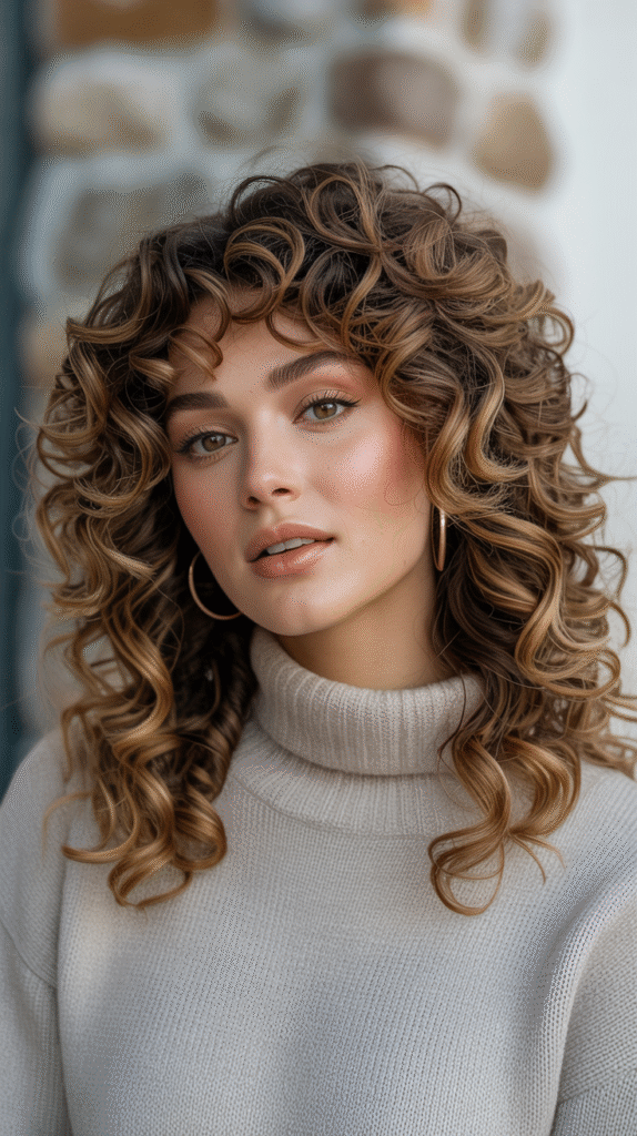 17 Honey Brown Balayage Ideas 13 Tight Curls with Honey Brown Balayage