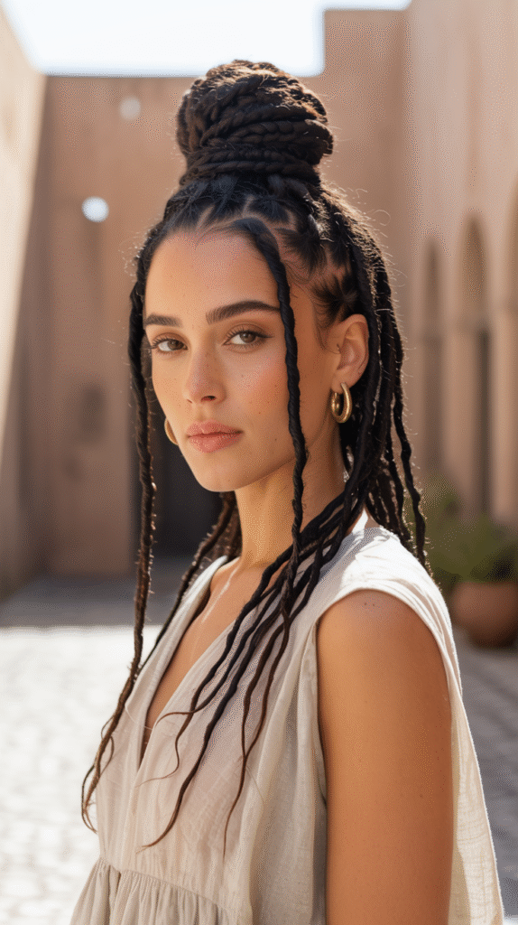 15 Thin Locs Hairstyles 15 Top Knot with Loose Locs