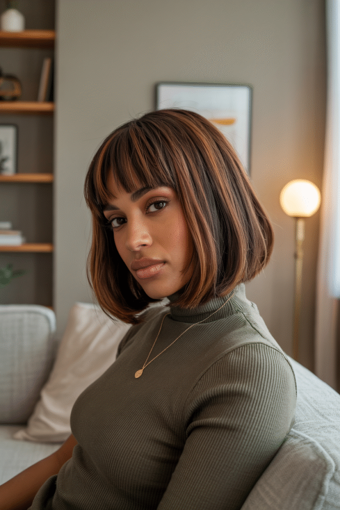17 Trendy Brown Bob Hairstyles 8 Tousled Bob with Full Bangs