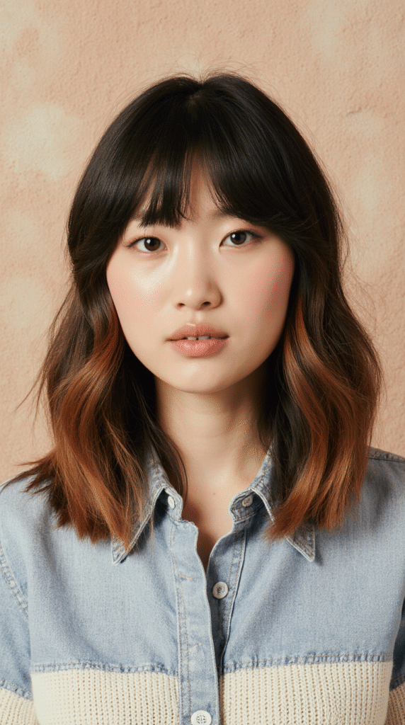 27 Inspiring Black Hair with Brown Highlights Ideas 4 Tousled Lob with Copper Brown Tips