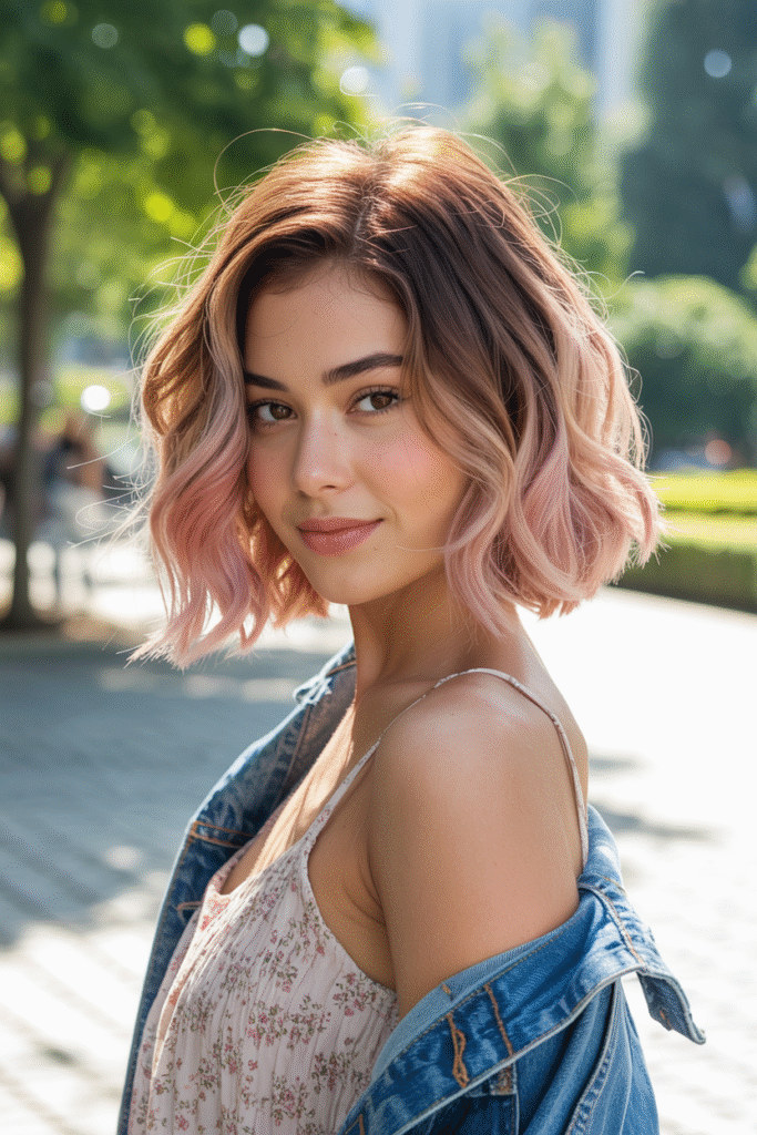 16 Pretty Pink Highlights in Brown Hair 5 Tousled Lob with Faded Pink Ends