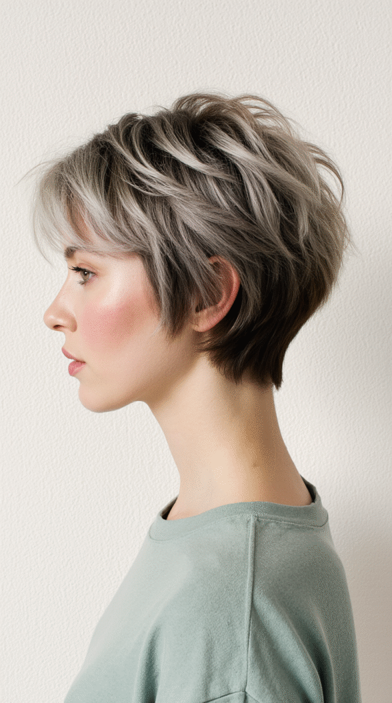 20 Chic Brown Hair with Silver Highlights Ideas 15 Tousled Silver Pixie with Dark Roots