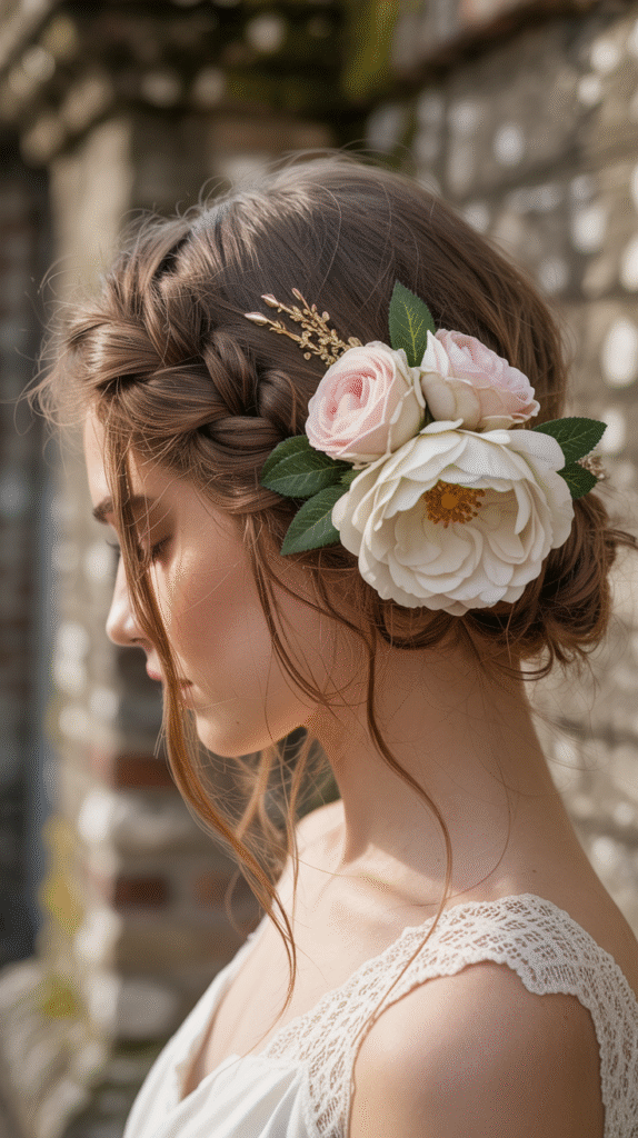 19 Fairy Hairstyles 19 Updo with a Centerpiece Floral Ornament