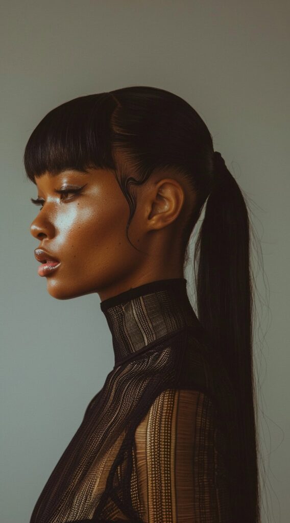 27 Weave Ponytail Hairstyles with Bangs: Chic and Modern Looks for Every Occasion 26 V shaped undercut with a sleek ponytail and blunt bangs