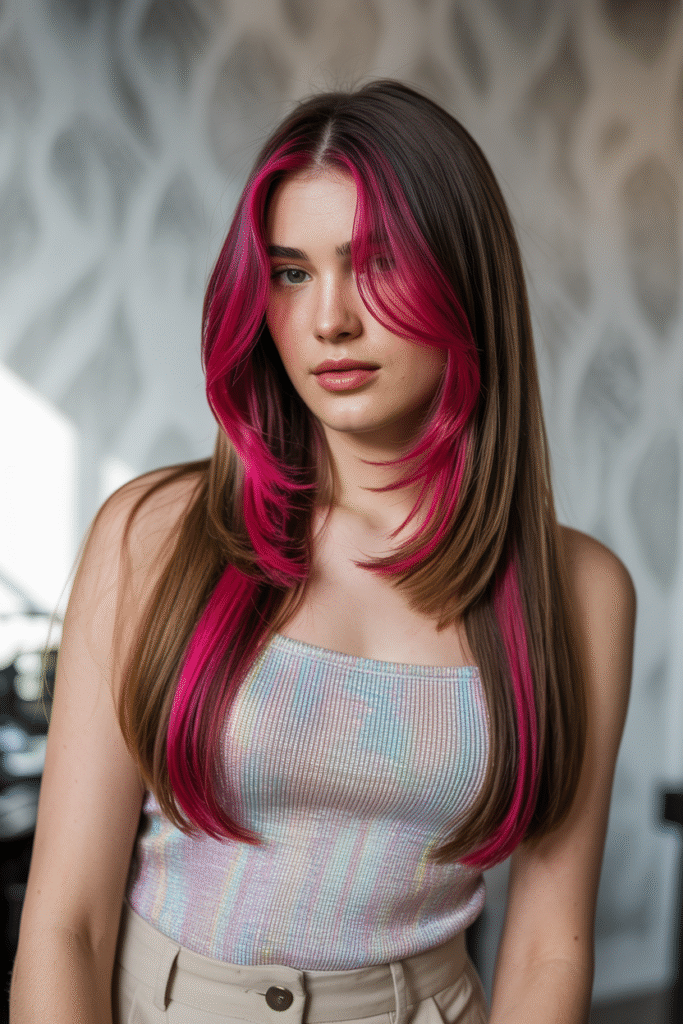 16 Pretty Pink Highlights in Brown Hair 11 Vibrant Magenta Front Streaks