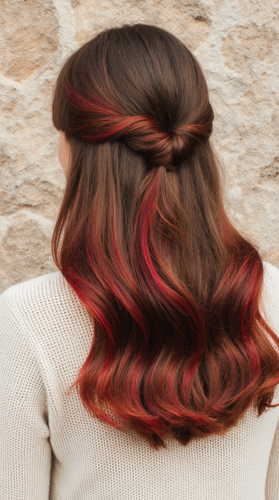 19 Winter Highlights for Brown Hair 17 Vibrant Red Balayage with Loose Twist