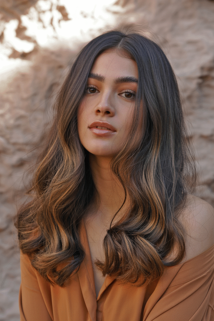 27 Inspiring Black Hair with Brown Highlights Ideas 6 Voluminous Curls with Caramel Brown Highlights