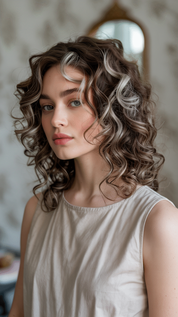 20 Chic Brown Hair with Silver Highlights Ideas 3 Voluminous Curls with Silver Highlights 1