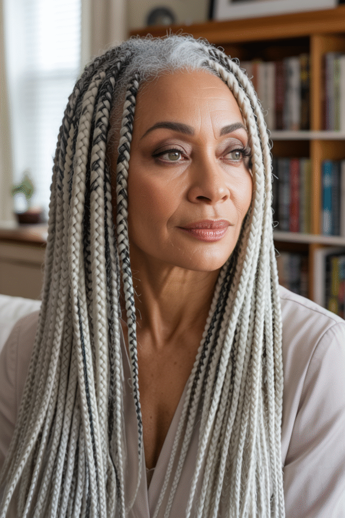 Waist Length Box Braids with Subtle Gray