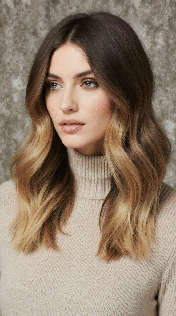 24 Winter Balayage Ideas for Brunettes 11 Warm Brunette Balayage with Sandy Ends