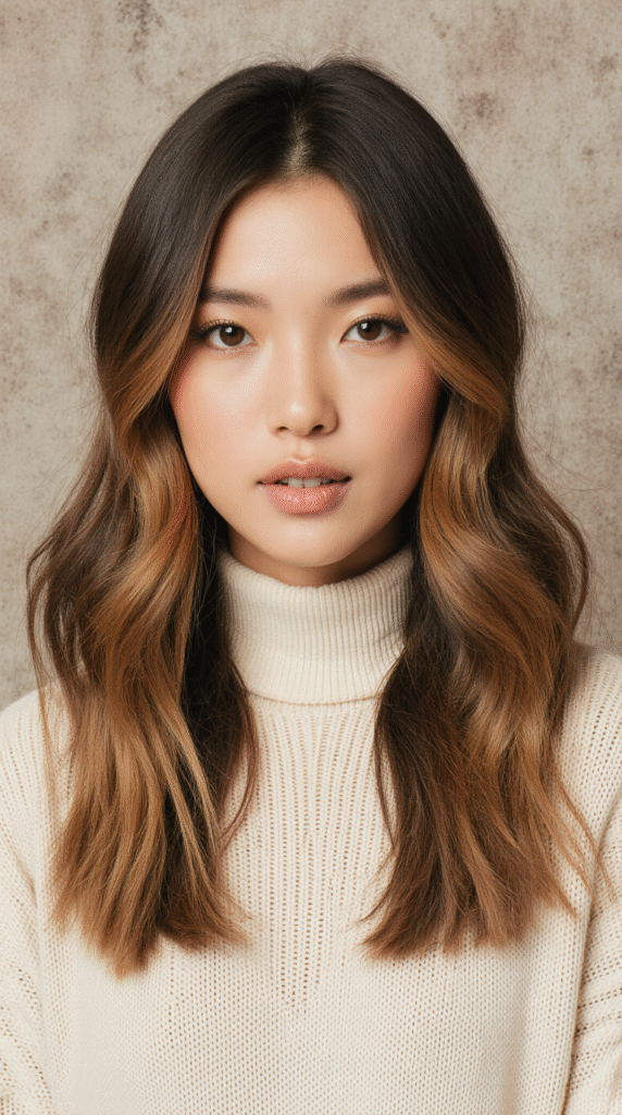 17 Dark Caramel Balayage Ideas: 6 Warm Caramel Balayage with Loose Waves on Mid Length Hair