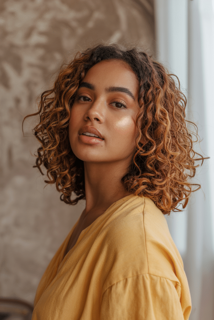 22 Flattering Hair Color Ideas for Brown Skin 14 Warm Caramel Curls