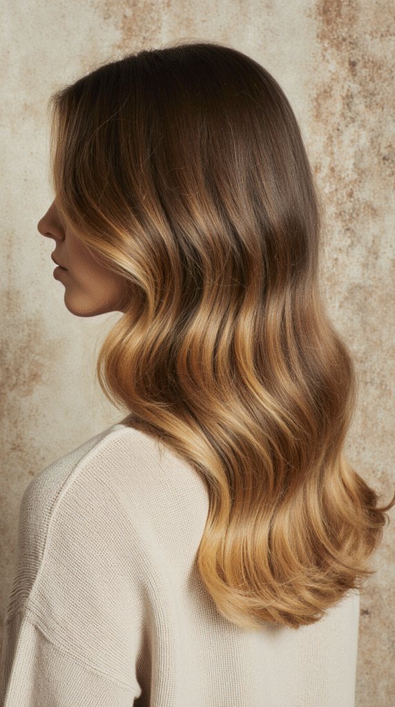 24 Winter Balayage Ideas for Brunettes 5 Warm Honey Balayage with Loose Waves