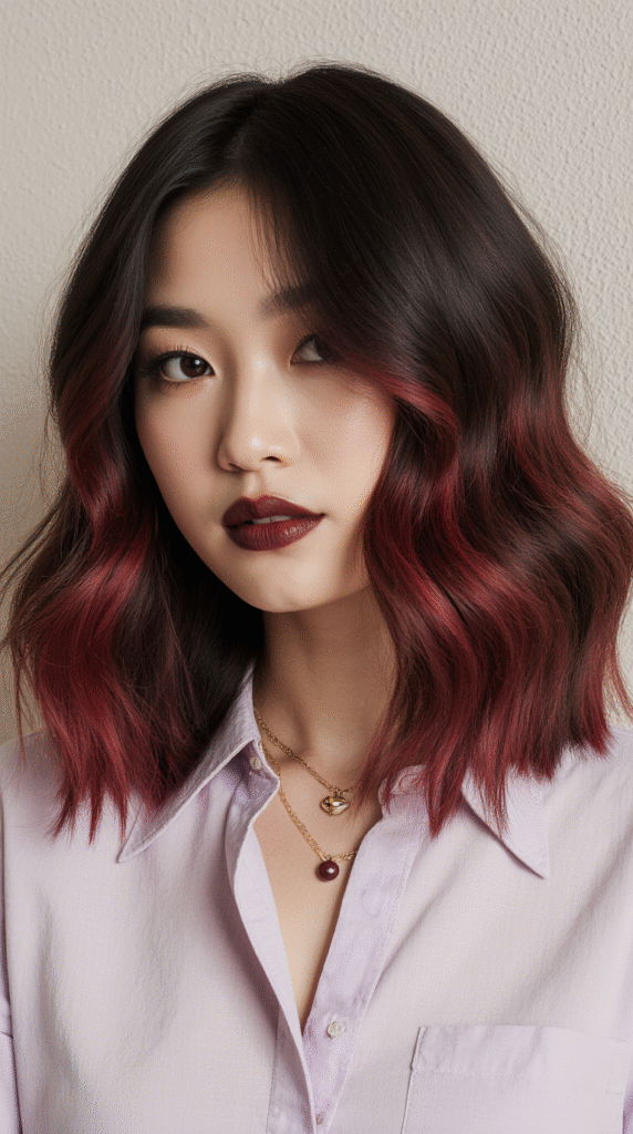 17 Cherry Cola Balayage Ideas 9 Wavy Bob with Bold Cherry Cola Streaks