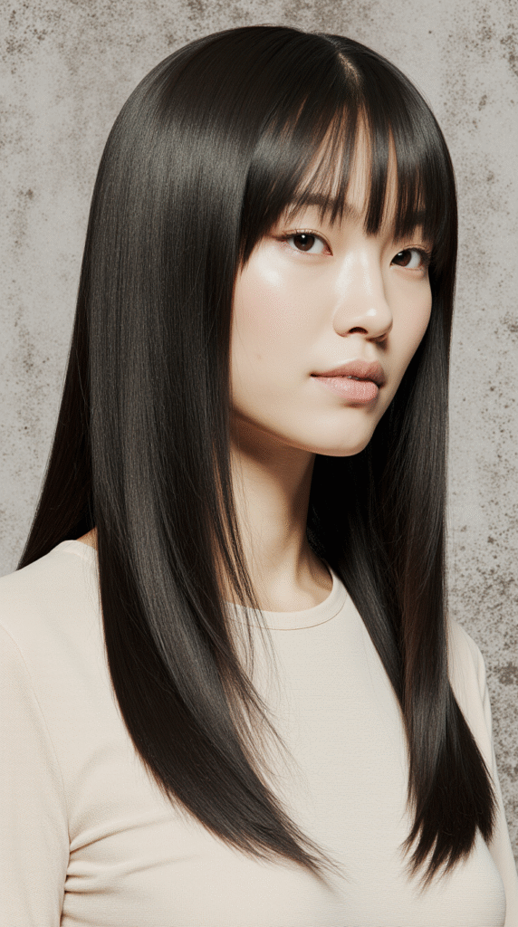 24 Gorgeous Straight Hairstyles 3 a high quality realistic portrait of a woman with long sleek straight black hair styled with a prec jiyckyvidgfrax4mwe6l 0