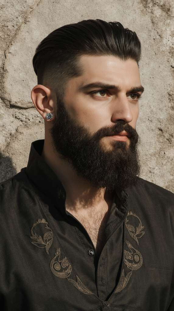 19 Halloween Hairstyles for Men 8 a hyper realistic portrait of a handsome man with a modern mage inspired hairstyle the top of his aiqomrettz9pfsttgpg0 0