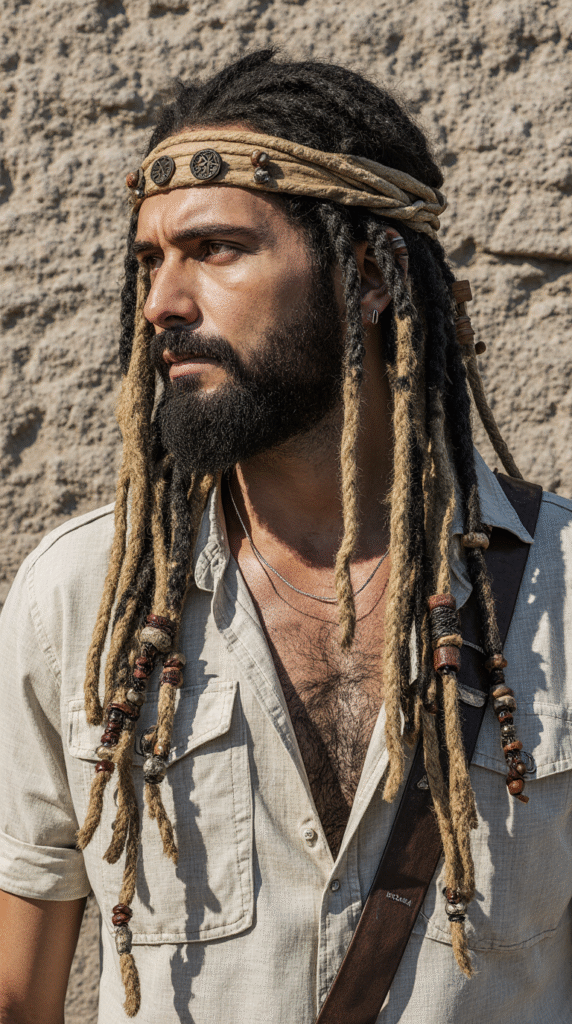 22 Pirate Hairstyles for Men 11 a hyper realistic portrait of a rugged yet handsome man with long dark dreadlocks featuring dirty b rh8wod93dvp318sz1qvv 2