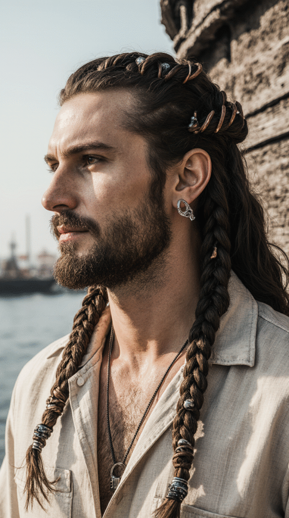 22 Pirate Hairstyles for Men 16 a realistic high resolution portrait of a handsome man with a long half up half down hairstyle feat 7yx5tstuvkoh9vt2h3k5 2