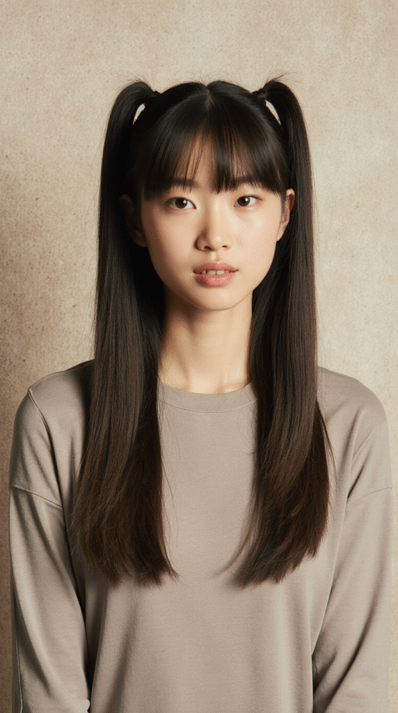 24 Gorgeous Straight Hairstyles 10 a realistic portrait of a young woman with long sleek straight hair styled in high twin pigtails po lked98km7ee1wnlmu61z 3