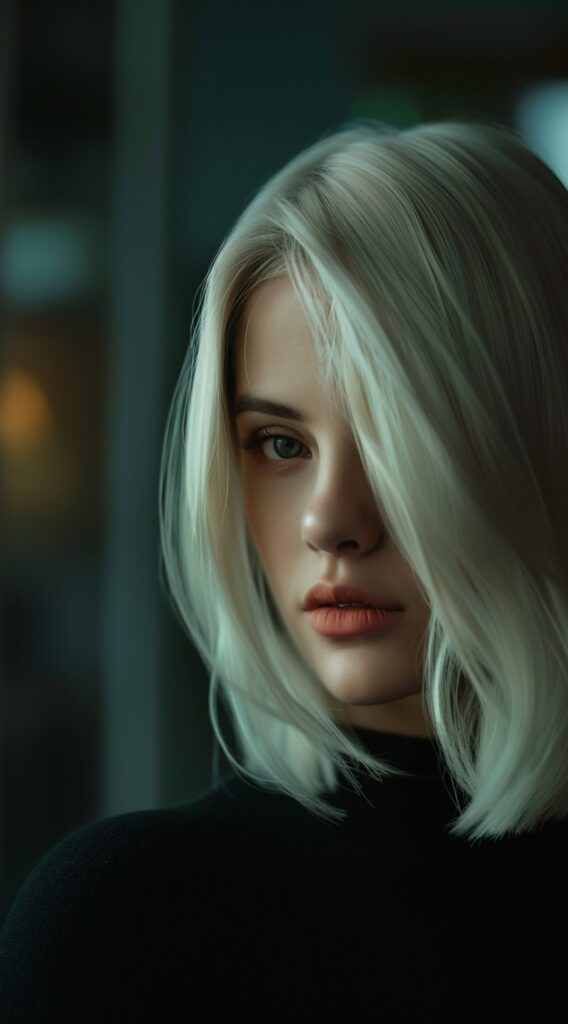 15 Lob Hairstyles for Thick Hair: Modern Ideas to Refresh Your Style 1 angled shoulder length lob with platinum color
