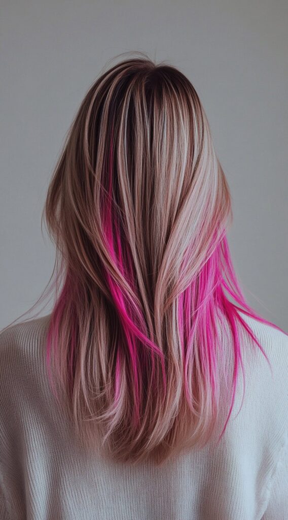 25 Highlights on Dirty Blonde Hair: From Subtle to Bold Transformations 19 ashy blonde highlights with peekaboo pink on dirty blonde hair