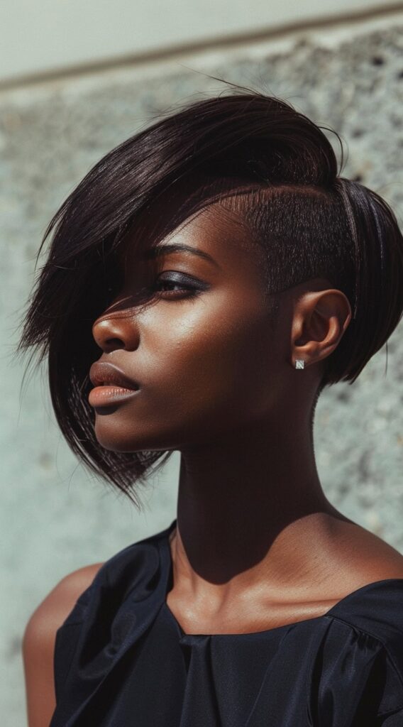 17 One Side Shaved Hairstyles for Black Women That Scream Confidence and Style 12 asymmetrical bob with one shaved side