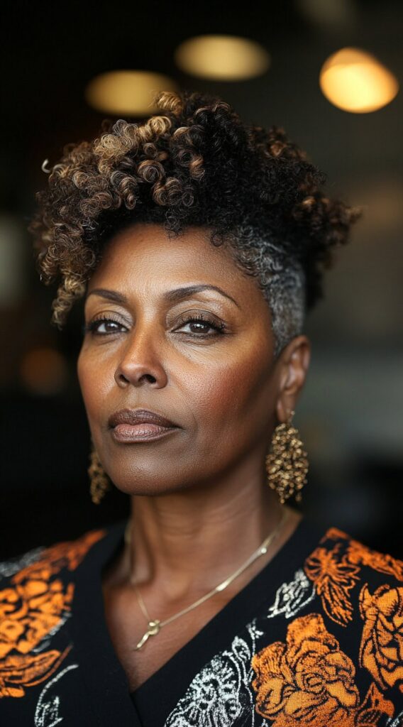 26 Older Black Women Hairstyles for Over 50 8 asymmetrical curly mohawk with highlights