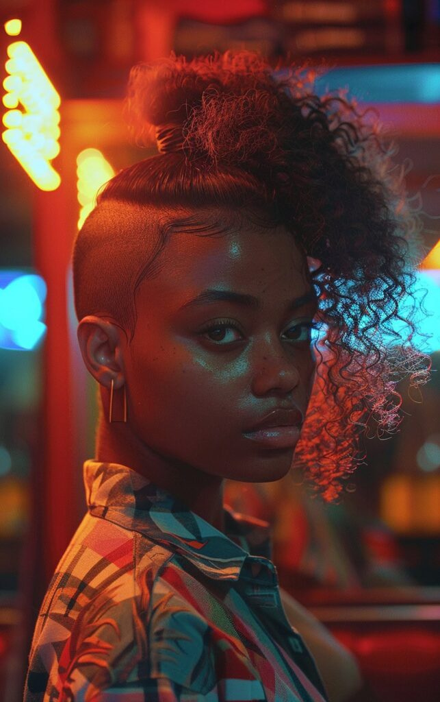Shaved Sides with Ponytail for Black Women: 27 Stylish and Bold Ideas for Your Next Look 9 asymmetrical curly puff with fade