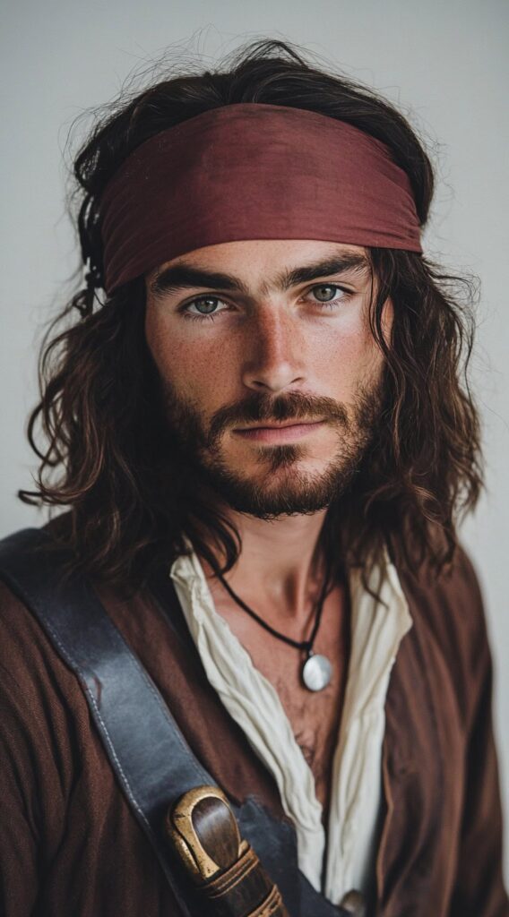 31 Pirate Hairstyles for Men: Rugged and Authentic Looks for Halloween 1 bandana completely covering the top of medium length wavy hair