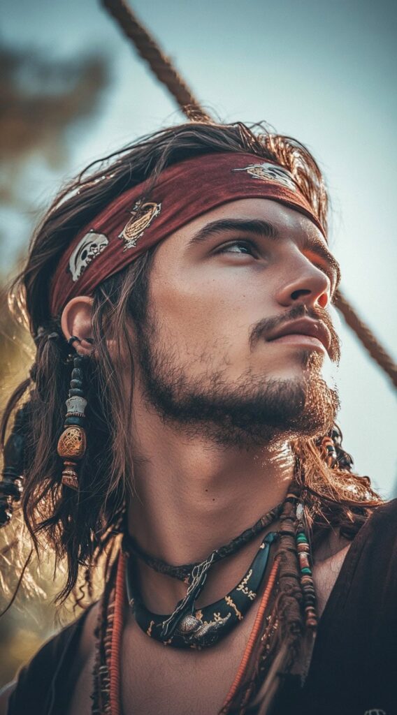 31 Pirate Hairstyles for Men: Rugged and Authentic Looks for Halloween 2 bandana over medium length hair heavily adorned with beads
